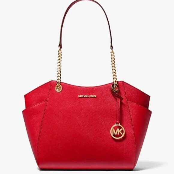 Michael Kors Jet Set Travel Large Chain Leather Shoulder Bag in Bright Red - Picture 1 of 4